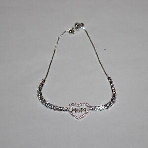 MOM Heart bolo style bracelet silverplated cubic zirconia CZ adjustable